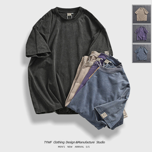 宽松落肩袖 重工水洗工艺短袖 T恤男美式 潮款 重磅圆领全棉纯色半袖