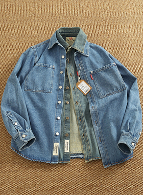 美式休闲男士长袖牛仔衬衫纯棉重磅水洗做旧工装休闲叠穿衬衣外套