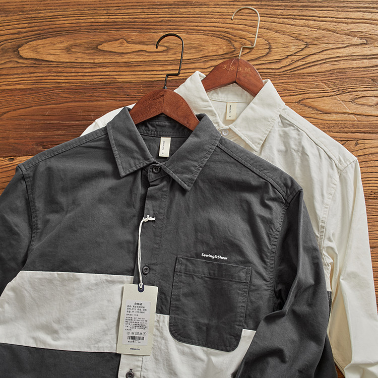纯棉衬衫男长袖春秋季百搭日系复古潮流撞色拼接宽松工装衬衣外套