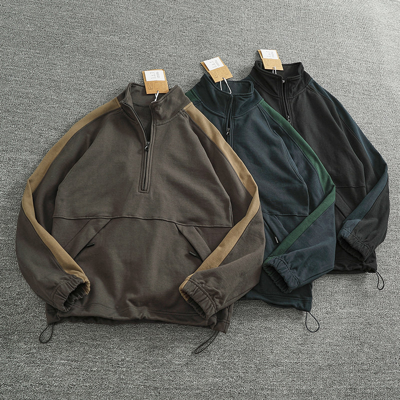 纯棉加厚针织毛圈卫衣男情侣款机能套头撞色拼接运动休闲上衣外套