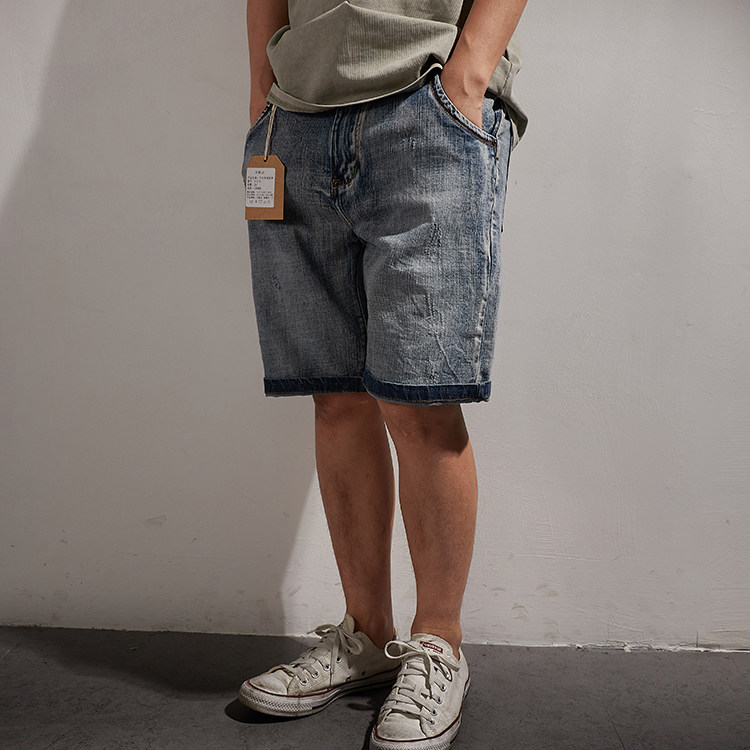 美式休闲复古做旧牛仔短裤男潮流直筒五分裤夏季复古水洗百搭中裤