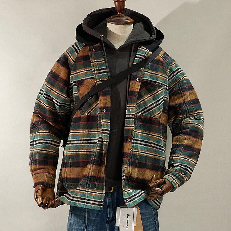 西海岸cityboy风格潮款落肩棉服外套法兰绒格纹绗缝夹棉宽松夹克