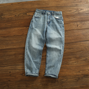 31°蓝百搭简约牛仔裤男美式休闲复古做旧水洗猫须刷白微锥长裤潮
