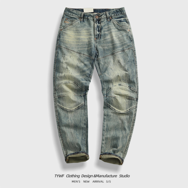 3D立体剪裁机车牛仔裤男士修身直筒裤重工做旧水洗弹力牛仔长裤潮