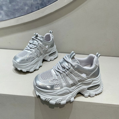 银色老爹鞋透气网面鞋厚底松糕鞋