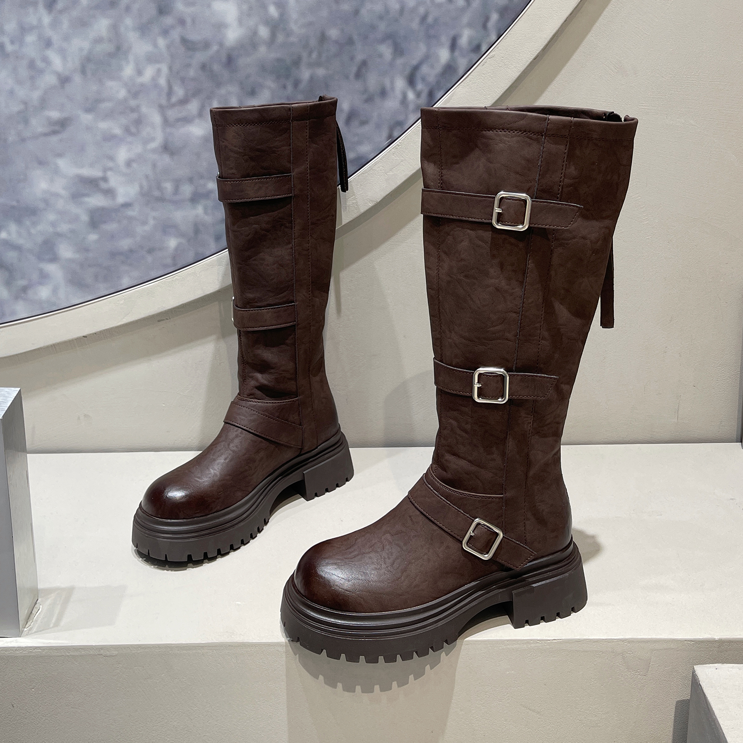 朋克风厚底长筒靴秋冬加绒保暖