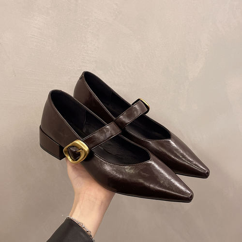 粗跟尖头单鞋软底法式玛丽珍女鞋