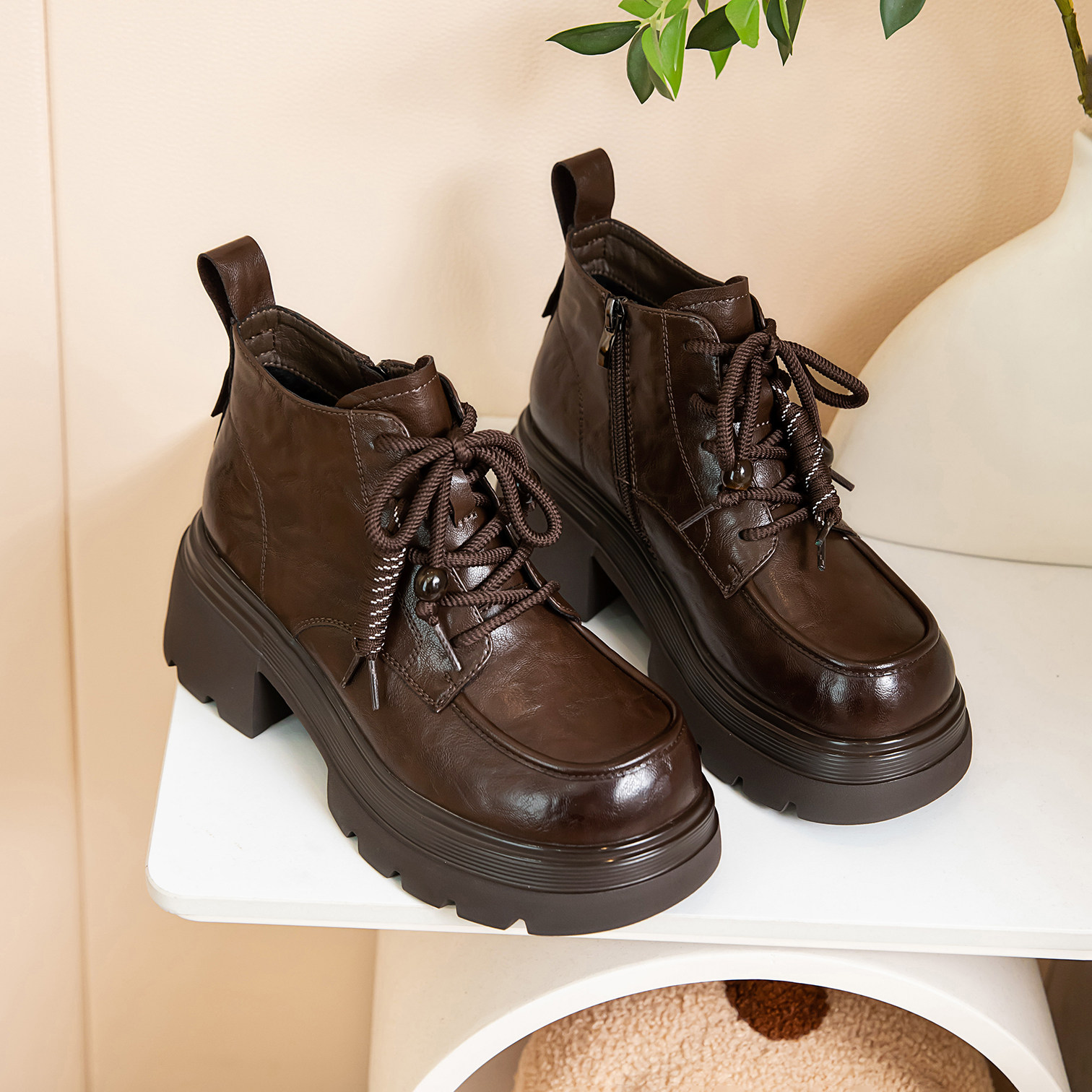 复古机车靴英伦风软皮系带短靴