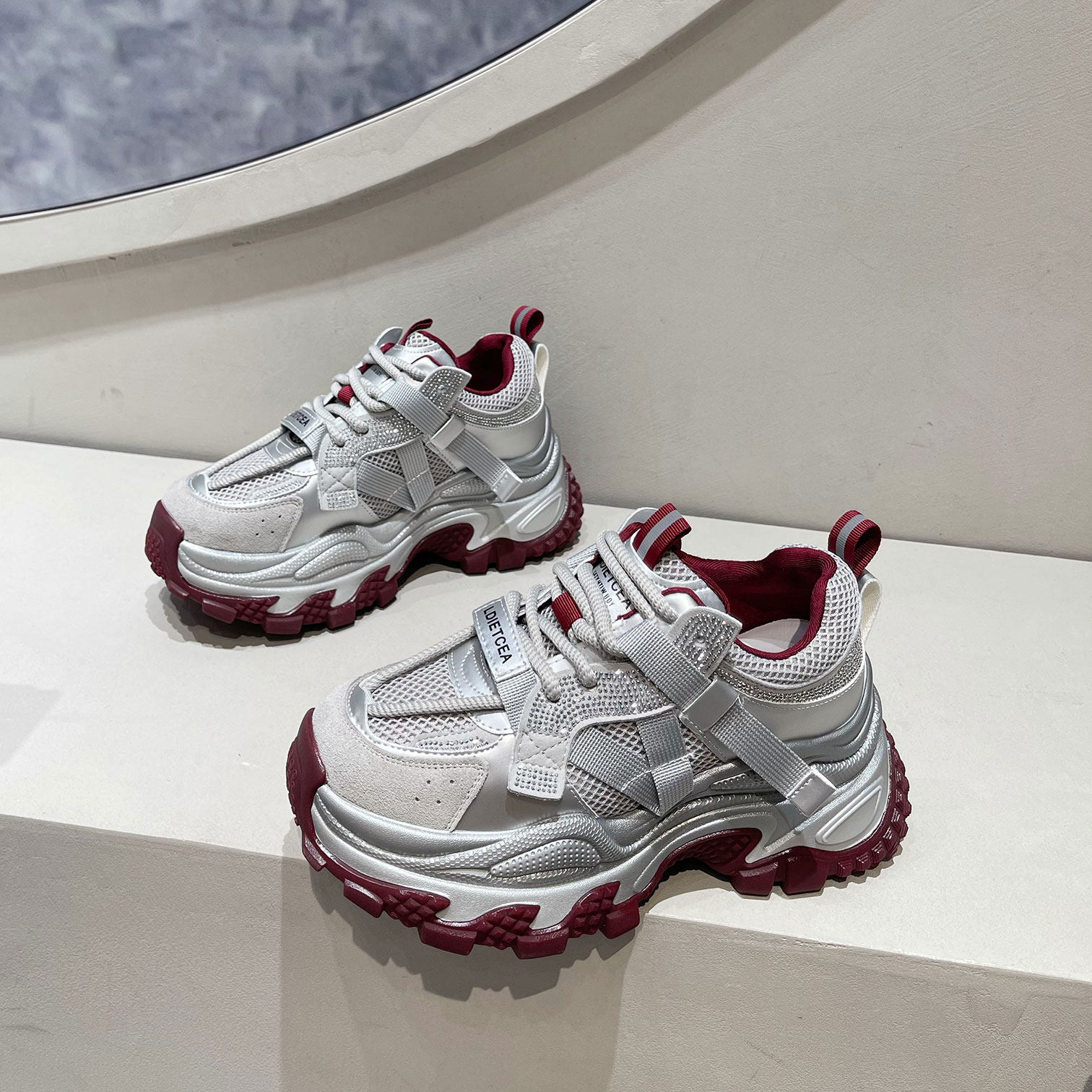 安可拉红真皮厚底老爹鞋女2024新款小个子松糕增高女鞋运动休闲鞋