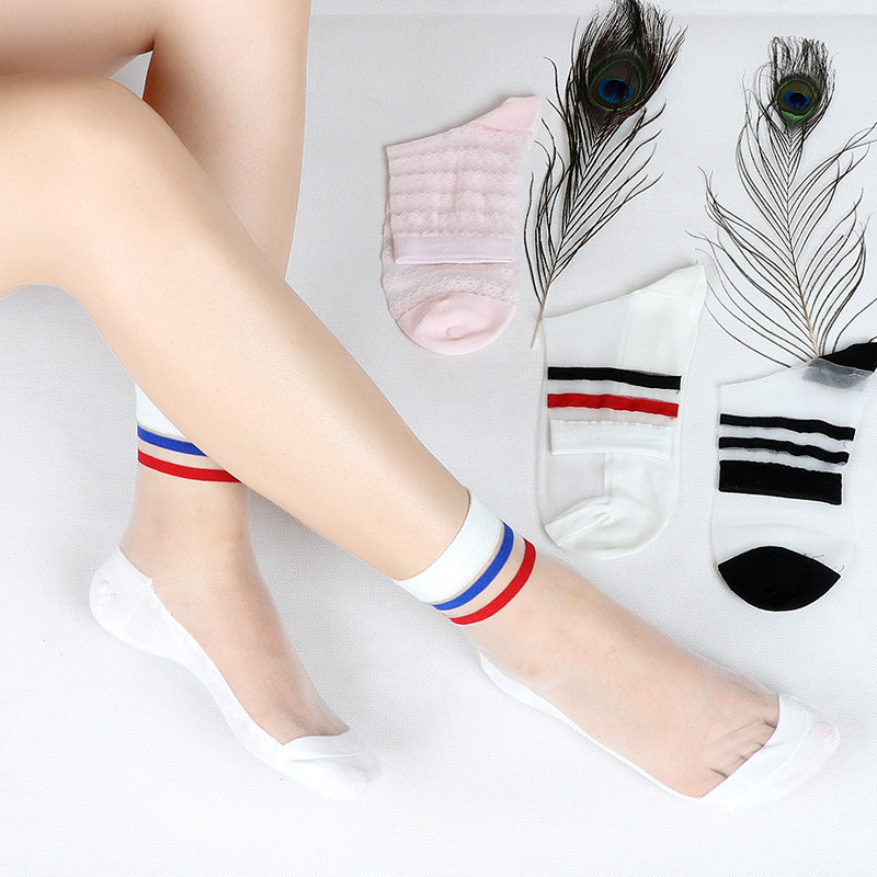 ins网红彩虹条纹袜子女韩国两杠水晶丝袜学院风透明中筒丝袜潮