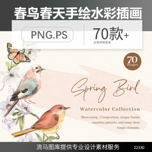 手绘水彩春鸟春天花鸟蝴蝶枝头唯美创意插画PNG免扣高清PSD素材图