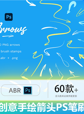 60款国外专业手绘曲线箭头涂鸦箭头元素PS笔刷设计素材ABR格式PNG