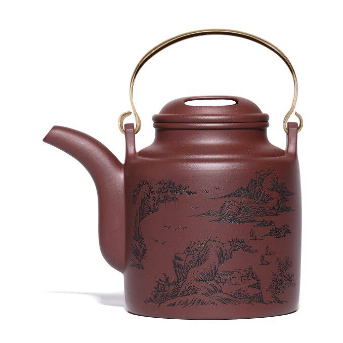 宜兴1L紫砂壶纯手工大品容量泡茶壶刻山水铜把提梁洋桶壶约1000ml