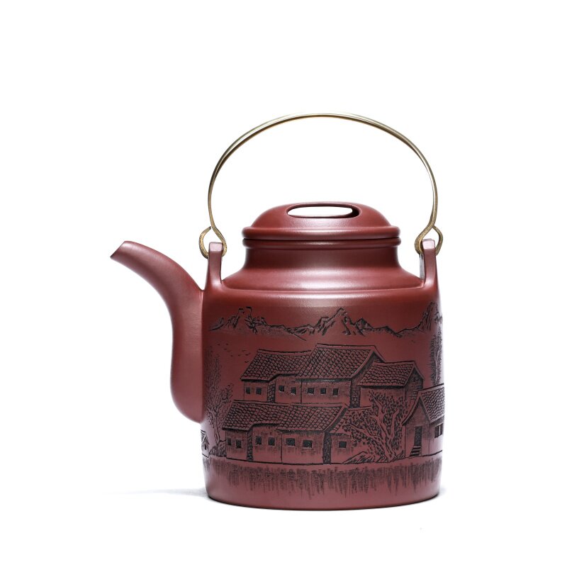宜兴紫砂壶纯手工大品容量泡茶壶刻浮雕江南水乡特大洋桶壶1200ml
