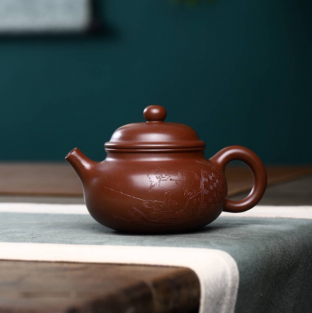 宜兴紫砂壶纯手工小品泡茶壶功夫茶具龙血砂刻人物容天壶200ml