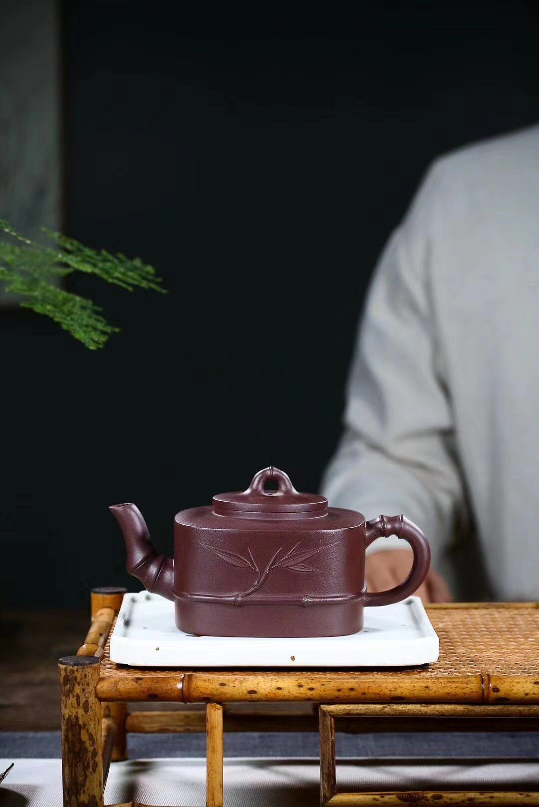 宜兴方器竹节紫砂壶纯手工泡茶壶陈腐紫泥花器四方竹段壶350ml