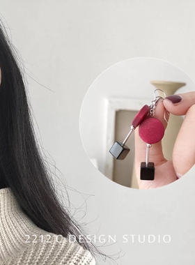 2212°C 925纯银个性韩版耳环 红色圆木黑玛瑙撞色耳环耳钩耳饰女