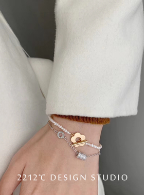 小米珠花朵纯银18k金短项链