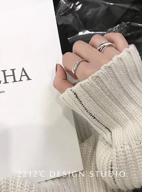2212银饰 925纯银Chic极简约戒指 重工情侣戒  酷潮开口戒男女