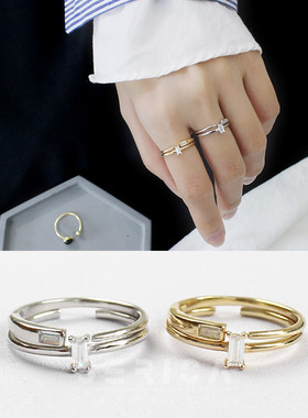 纯银超细方形锆石OL风开口戒指