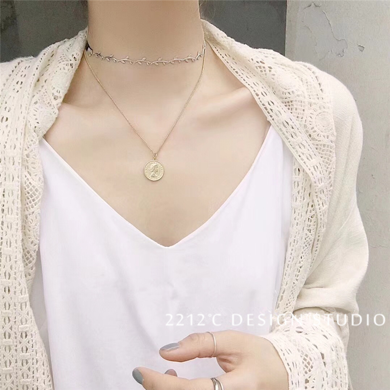 橄榄枝纯银镀金六便士硬币毛衣链