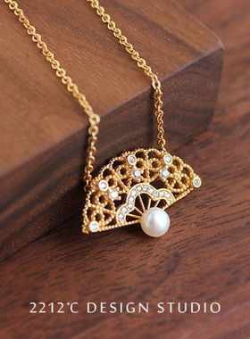 纯银镀金扇子锁骨链淡水珍珠