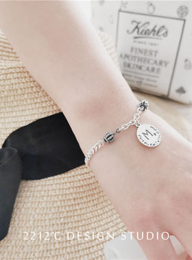 刻字圆牌纯银做旧手链