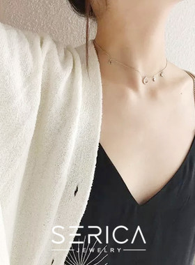 choker月亮镶钻石纯银礼物锁骨链