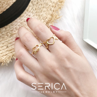 SERICA S925纯银镀K金日系连体爱心镂空戒丘比特之箭戒指环女