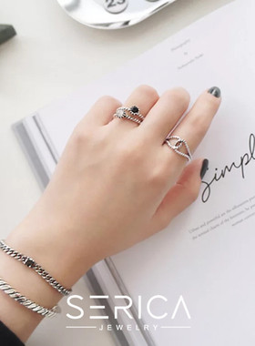 纯银锆石麻花百搭风做旧开口戒指