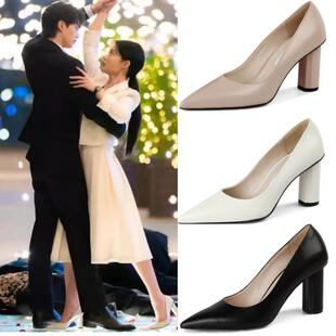 直邮~韩国代购 RACHEL COX正品 金裕贞同款 牛皮粗高跟尖头皮鞋