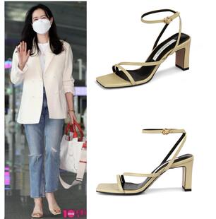 韩国代购 Rachel Cox正品 金艺琳 朴信惠 孙艺珍同款牛皮粗跟凉鞋