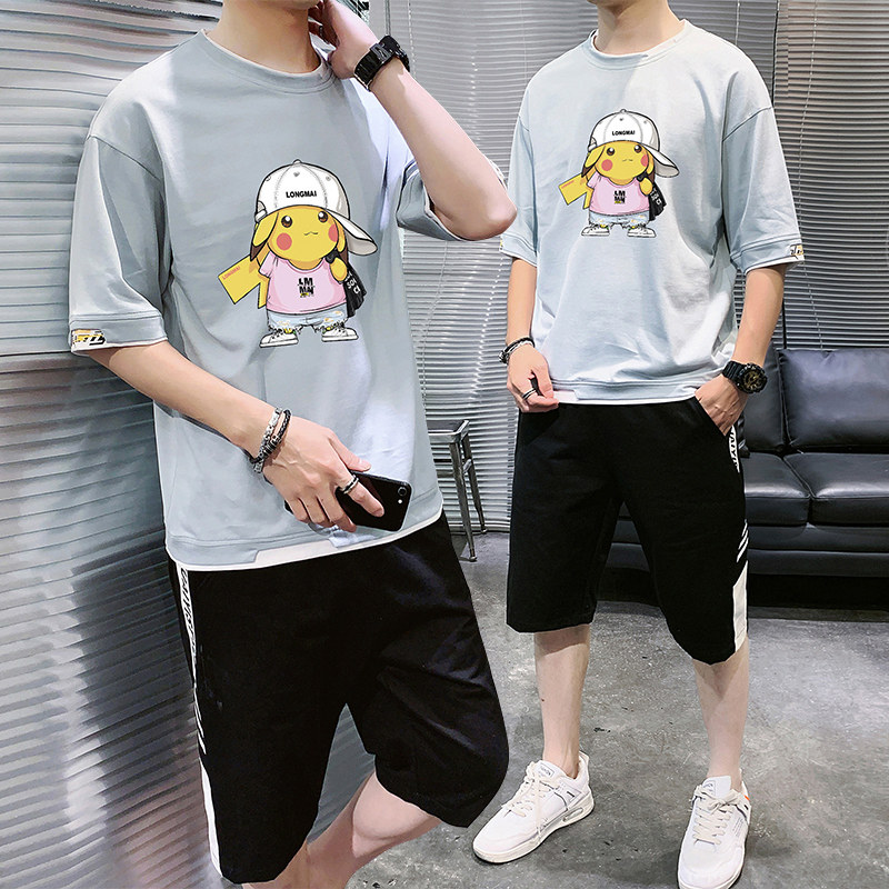 夏季純棉短袖恤男潮流假兩件寬鬆五分袖套裝男