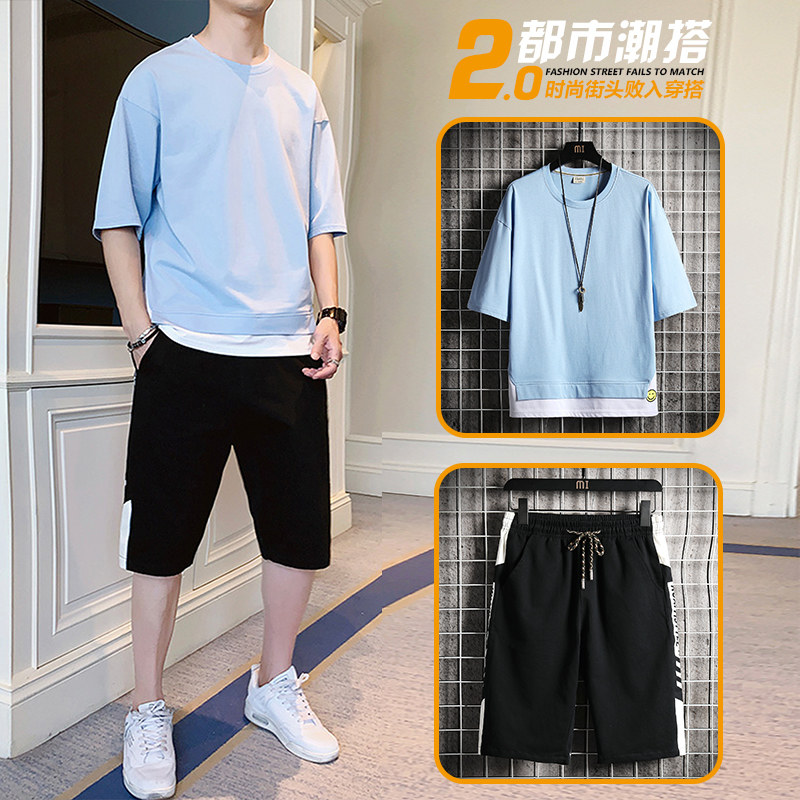 夏季純棉寬鬆短袖t恤男潮流假兩件五分袖套裝男