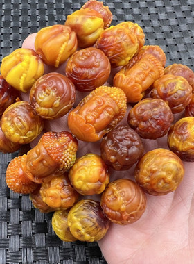 荧光浮盐水蜜蜡观音手链老蜜蜡佛手手链双面雕刻弥勒佛财财富手串