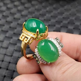 玉石戒指碧绿色玉髓玛瑙戒指玛瑙玉髓镶嵚戒指玉石活口戒指玉指环