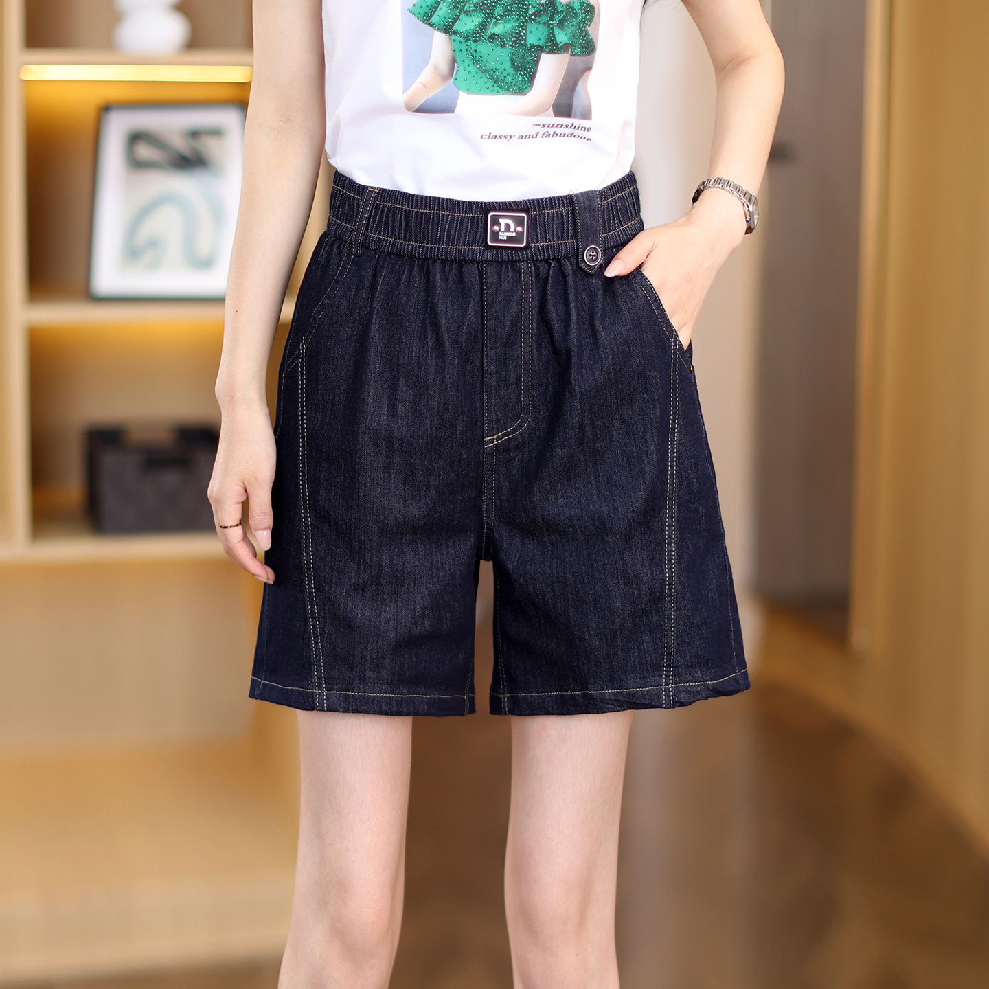 美式复古牛仔短裤女夏季2025新款松紧腰设计感宽松休闲显瘦阔腿裤