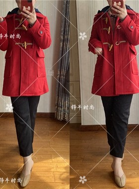 清正品熊百搭牛角扣连帽可拆毛呢大衣外套eejw88907i eejw88905i