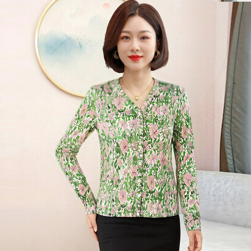 100%桑蚕丝衬衫女长袖V领印花女