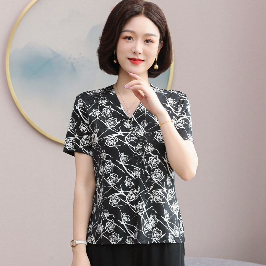 高档真丝t恤女短袖V领2025新款高级感夏季妈妈100%桑蚕丝上衣小衫