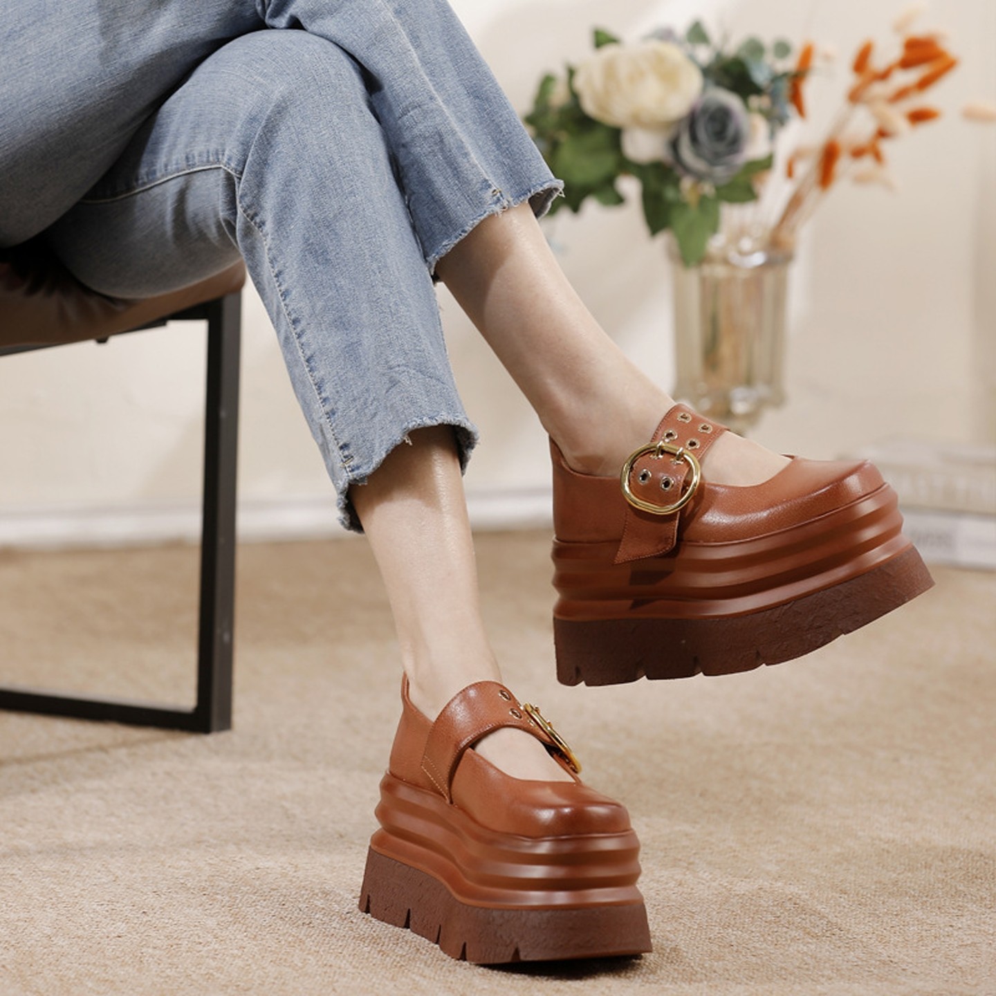 四月倾城复古真皮高端单鞋女2026年春夏新款小个子增高厚底面包鞋,女鞋,浅口单鞋,淘宝优惠券,粉丝福利购,淘宝优惠卷