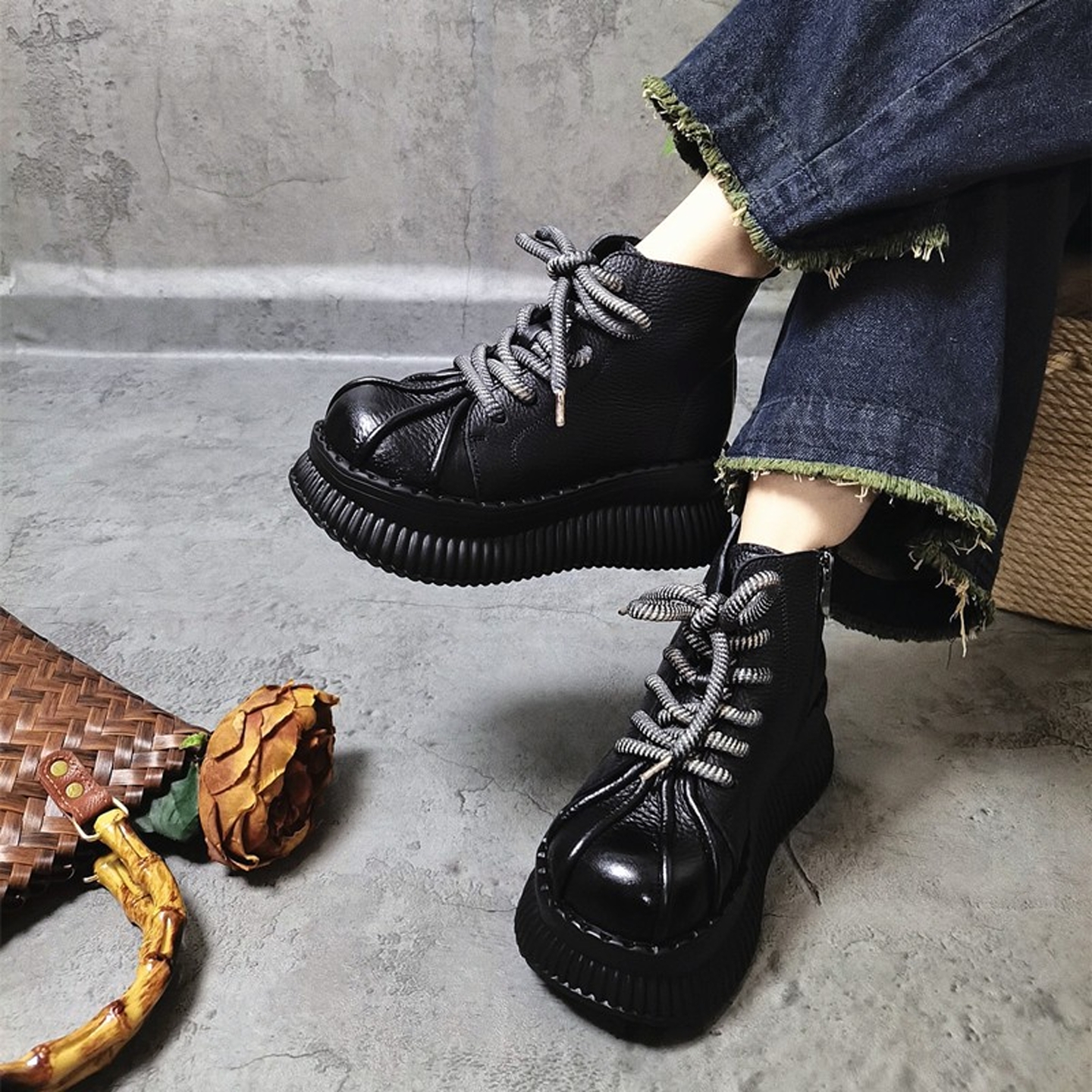 真皮复古新款增高厚底松糕鞋