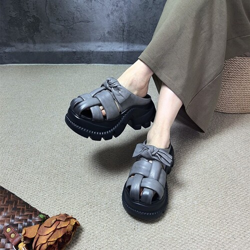 7cm厚底高跟真皮编织包头凉拖鞋
