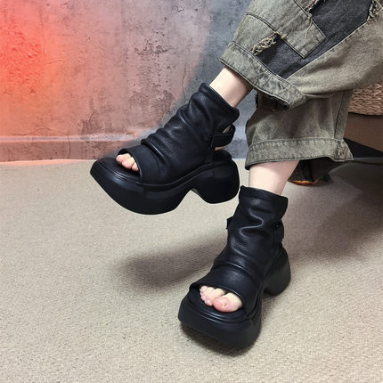 四月倾城手工真皮高端复古凉鞋女厚底粗跟一字鱼嘴后空高帮凉靴子