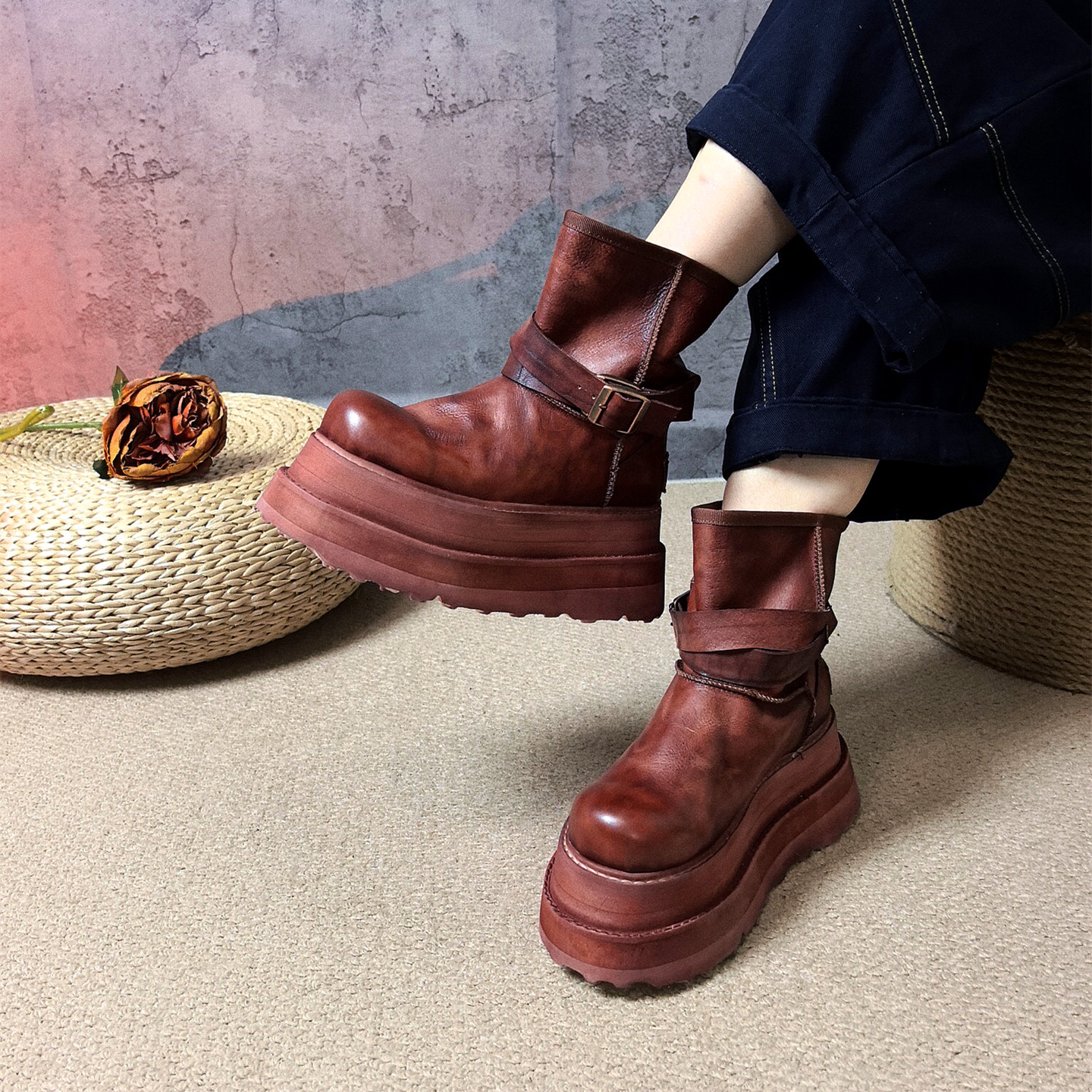 高品质内外全皮增高厚底松糕短靴