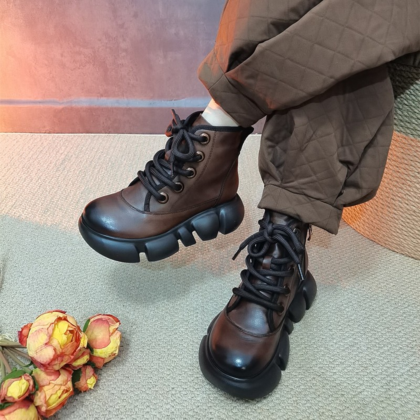 厚底圆头短靴头层牛皮加绒棉靴