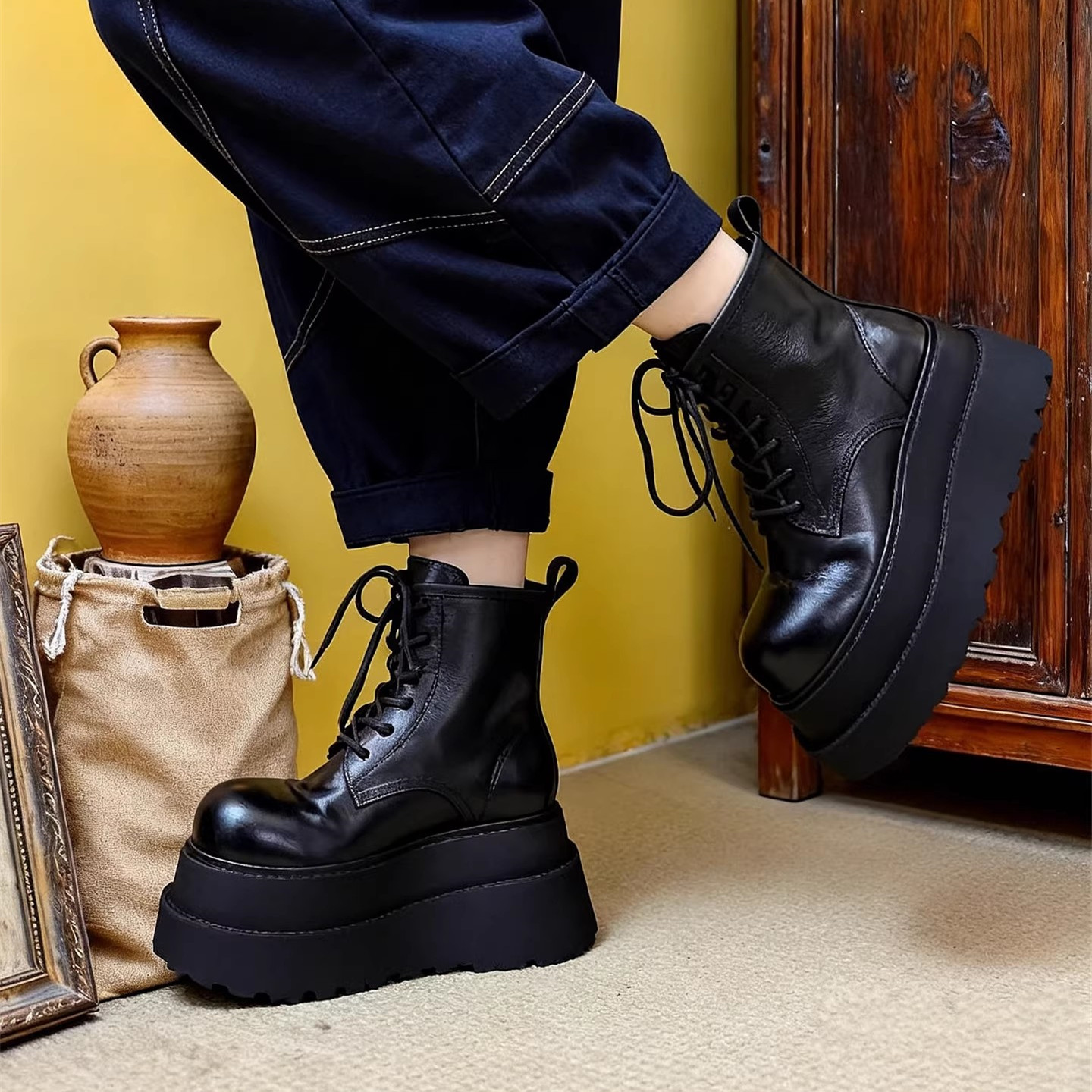 内外全皮增高厚底轻奢马丁靴短靴