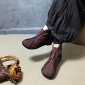 四月倾城手工真皮民族风女靴软底平跟复古文艺短靴舒适妈妈鞋 踝靴