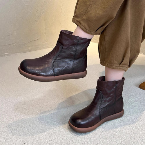 头层牛皮平底复古文艺套筒短靴女