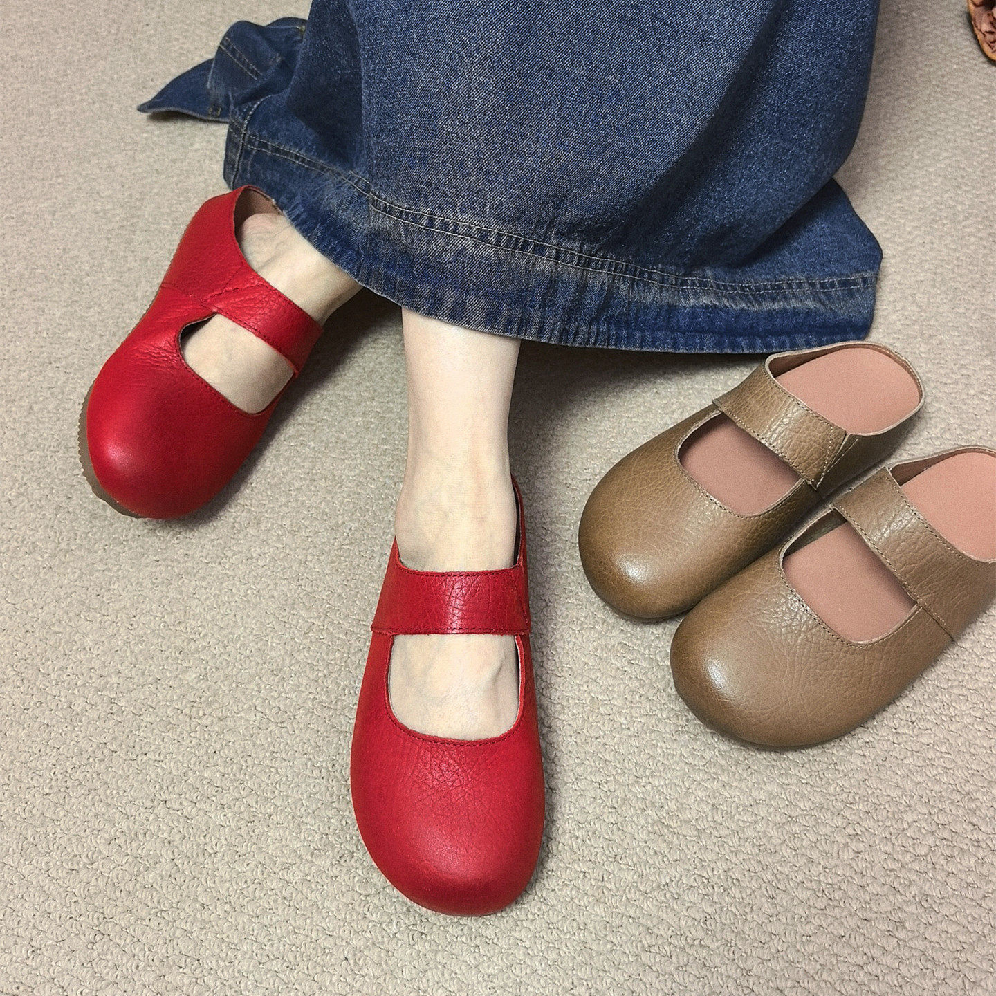 四月倾城文艺森系风真皮包头凉拖鞋女内增高平跟休闲勃肯拖鞋外穿